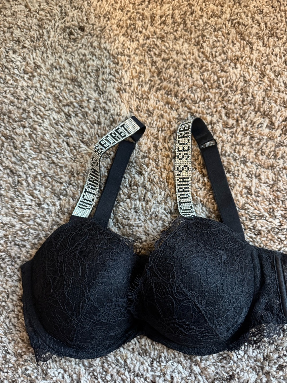 Victoria's Secret Black Lace Push-Up Bra with Embellished Straps